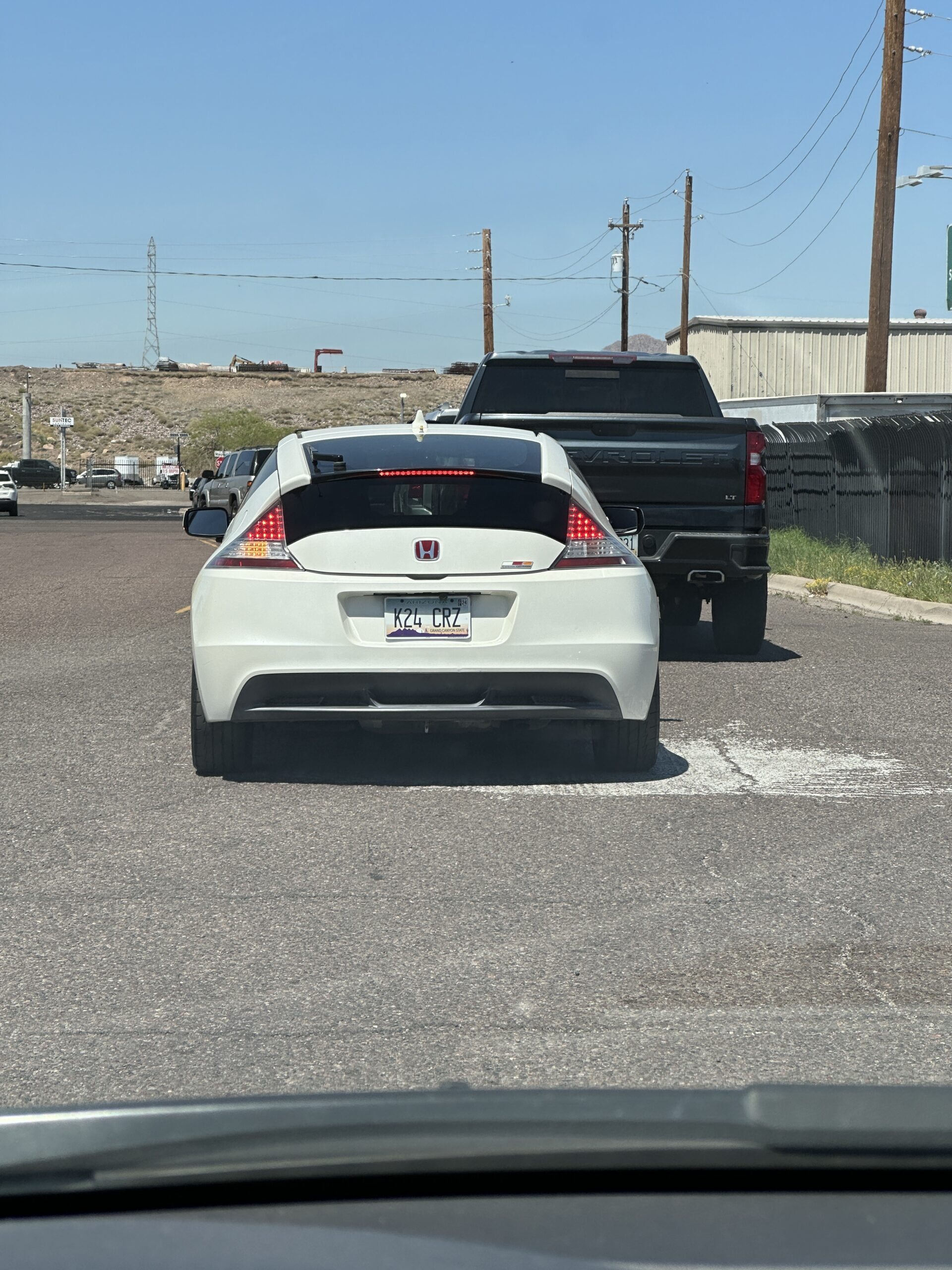 Honda CR-Z rear end with an Arizona license plate reading "K24 CRZ."